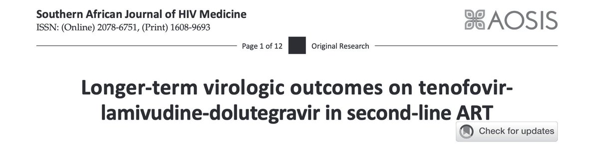 Longer term virologic outcomes in ARTIST trial (n=192) showing favourable suppression rates on 2nd line TLD, although 2 participants (~1%) did develop DTG resistance. Congrats Jen van Heerden. 

sajhivmed.org.za/index.php/hivm…