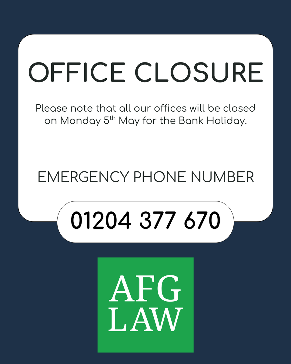 Please note that all our offices will be closed on Monday (5th May) for the bank holiday. 

If you need to speak to a solicitor because someone has passed away, or for urgent children services, you can get in touch with us 9am-5pm on Monday by calling 01204 377 670. 

#afglaw