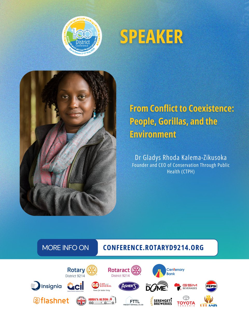 Our #100thRotary9214DC key speaker today is the remarkable Dr. Gladys Rhoda Kalema-Zikusoka, Founder and CEO of Conservation Through Public Health (CTPH).

A pioneering wildlife veterinarian and passionate advocate for both people and the environment, Dr. Kalema-Zikusoka will
