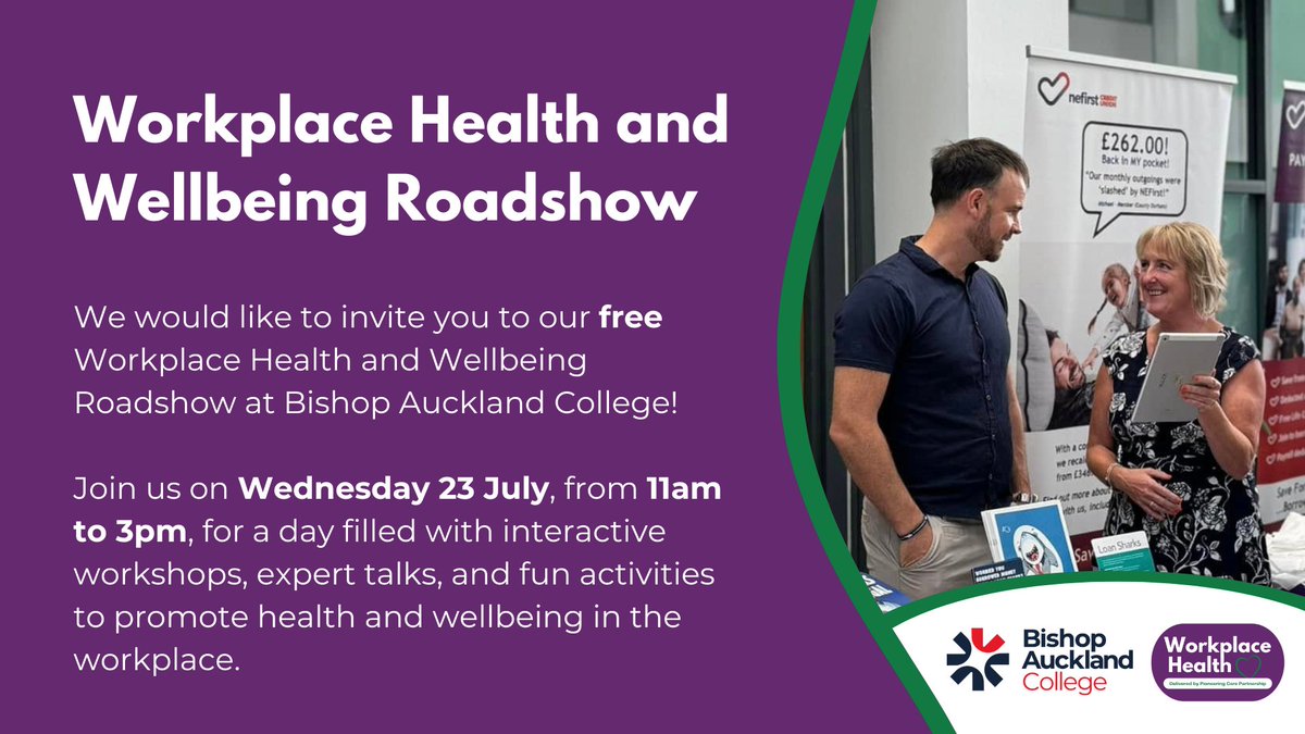 We are excited to announce our Workplace Health and Wellbeing Roadshow is returning this summer 🤩

Join us on Wednesday 23 July, from 11am to 3pm, at Bishop Auckland College for our free event!

Come along to explore your local health and wellbeing services, and find out mor ...