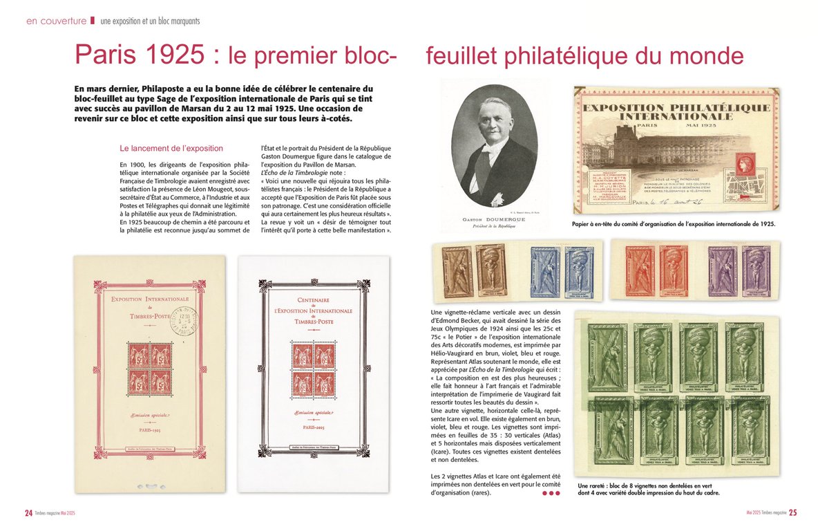 [Centenaire] Le 2 mai 1925, l'exposition philatélique internationale de Paris ouvrait ses portes. Un événement philatélique exceptionnel et un bloc-feuillet au type Sage qui fera le succès du moment. Un dossier 📝 à retrouver dans Timbres Magazine pour nos abonnés... #philatélie