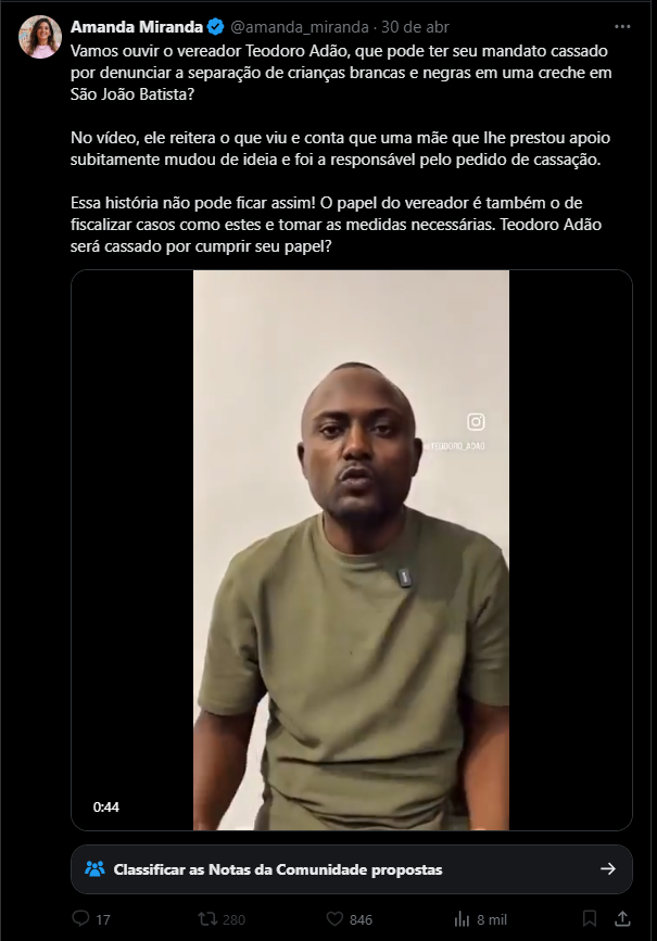 David Ágape (@david_agape_) on Twitter photo Amanda (<a href="/amanda_miranda/">Amanda Miranda</a>) afirma que o vereador Teodoro Adão está sendo cassado por denunciar segregação racial em uma creche de São João Batista (SC). Mas os fatos a desmentem.
A prefeitura apresentou dados que mostram que as turmas do Núcleo Infantil Cebolinha tinham composição Amanda (<a href="/amanda_miranda/">Amanda Miranda</a>) afirma que o vereador Teodoro Adão está sendo cassado por denunciar segregação racial em uma creche de São João Batista (SC). Mas os fatos a desmentem.
A prefeitura apresentou dados que mostram que as turmas do Núcleo Infantil Cebolinha tinham composição
