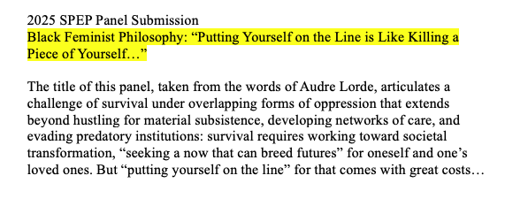 "Putting yourself on the line is like killing a piece of yourself…”

Excited to present this work at SPEP in October, with Andrea Dionne Warmack. If you don't know Andrea's work, look it up! Her compelling framework of "afro-skepticism" pushes back against afro-pessimism