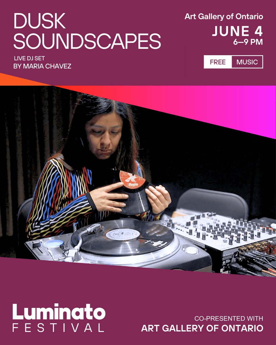 Luminato Festival (@luminato) on Twitter photo Sound artist and DJ Maria Chávez transforms the AGO’s Walker Court with layered vinyl textures, ambient drones, and pulsing beats.
Free admission. One night. Let the sound guide you.
📍 <a href="/agotoronto/">Art Gallery of Ontario</a>
📅 June 4 from 6 - 9 pm
luminatofestival.com/dusk-soundscap… Sound artist and DJ Maria Chávez transforms the AGO’s Walker Court with layered vinyl textures, ambient drones, and pulsing beats.
Free admission. One night. Let the sound guide you.
📍 <a href="/agotoronto/">Art Gallery of Ontario</a>
📅 June 4 from 6 - 9 pm
luminatofestival.com/dusk-soundscap…
