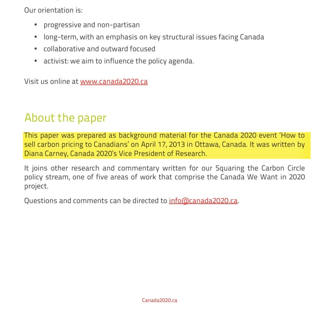 greg_scott84's tweet image. In 2013, Mark Carney&apos;s wife wrote this article (as VP for Research at Canada 2020) for an event called, &quot;How to sell carbon pricing to Canadians&quot;.

You can&apos;t make this stuff up!