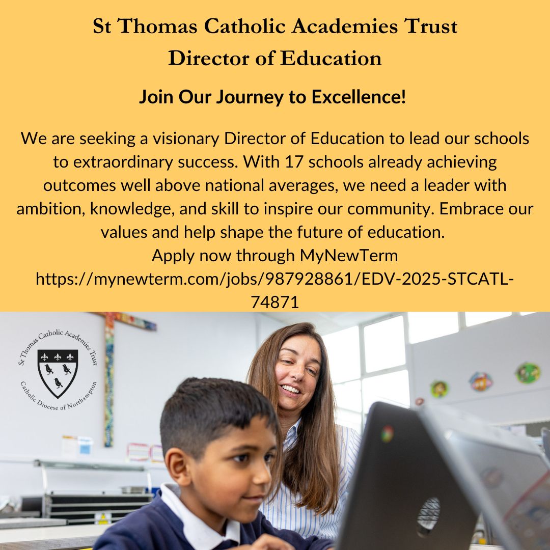 Lead Our Schools to Success! St Thomas Catholic Academies Trust seeks a Director of Education to inspire excellence. Join us and make a difference. 
Apply now at mynewterm.com/jobs/987928861…