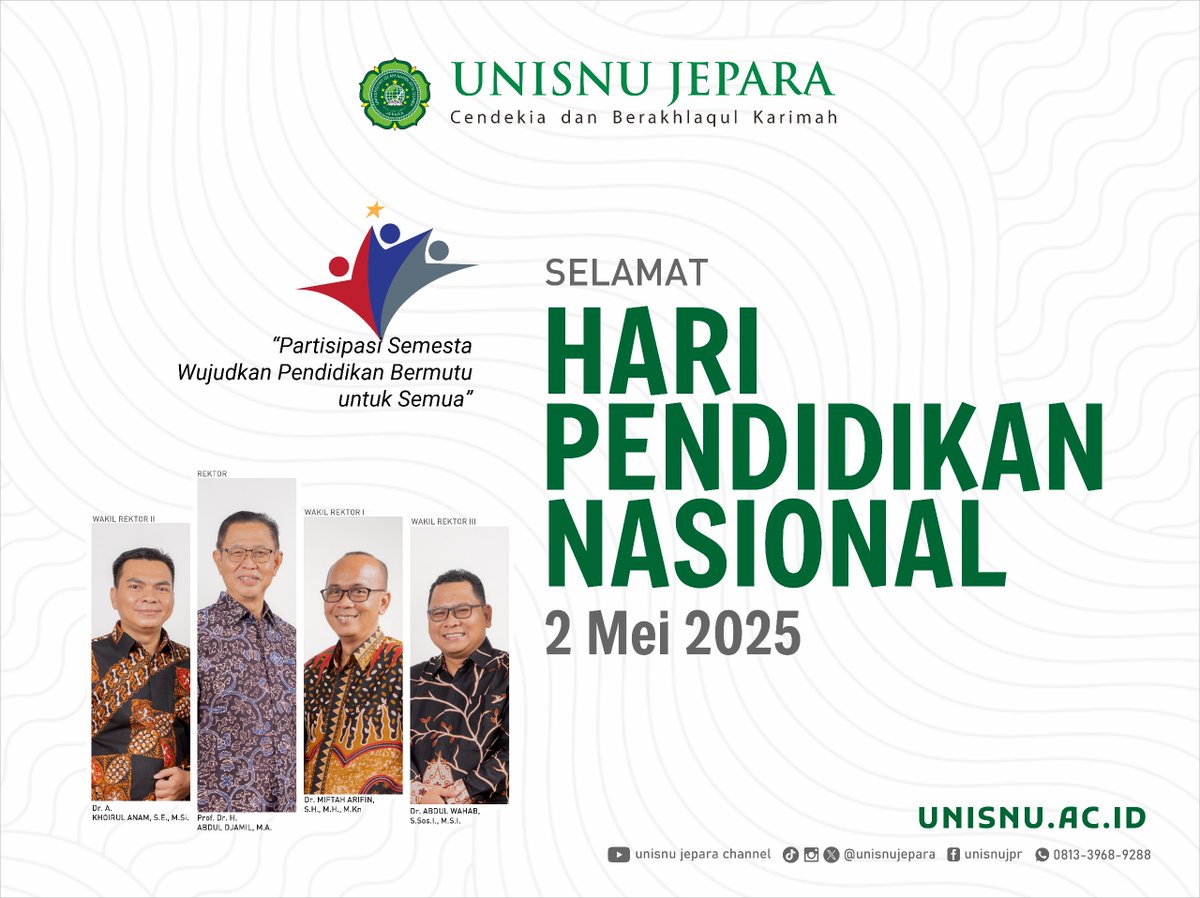 Selamat Hari Pendidikan Nasional 2025

Bersama UNISNU JEPARA, siap mewujudkan generasi emas 20245.

#unisnujepara #pmb2025 #beasiswa