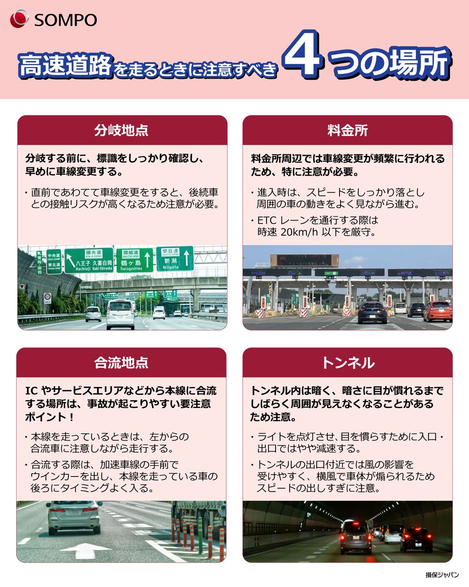 ╲おでかけ前に要チェック🔍／
高速道路を走行する際に注意すべき4️⃣つのポイント

#GW は遠方までおでかけされる方が多い時期🚗
#高速道路 はスピードが出やすく、事故のリスクも高くなります。

おでかけ前に注意すべきポイントを確認し、安全運転を心がけましょう！