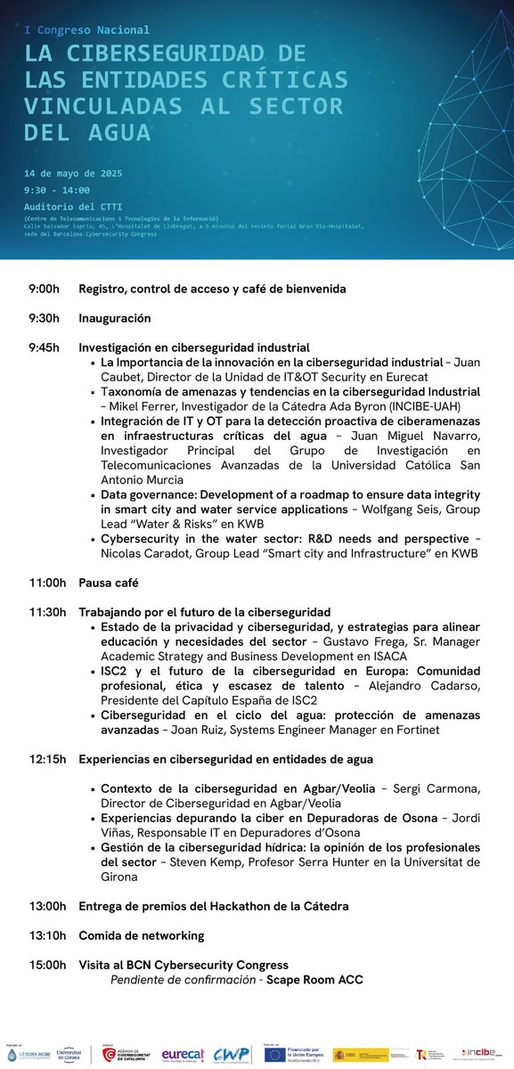 El 14 de mayo presentaré el proyecto #TrueData en el I Congreso Nacional sobre Ciberseguridad en Entidades Críticas del Agua
IA aplicada a redes OT e IT para detección de anomalías <a href="/libelium/">Libelium</a> <a href="/UCAM/">UCAM Universidad</a>, Airtrace y Neoradix. #SmartWater #Ciberseguridad #INCIBE #NextGenerationEU
