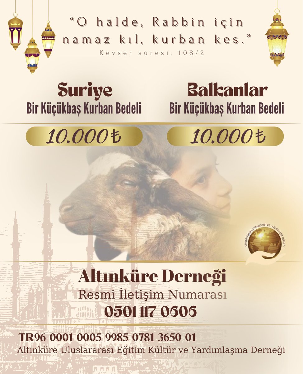 KURBAN BAĞIŞINDA İZLENECEK ADIMLAR:

1-DERNEĞİN İBAN NUMARASINA PARAYI GÖNDERİRKEN, AÇIKLAMA KISMINA İSİM VE TELEFON NUMARASI YAZINIZ.

2-BELİRTİLEN İRTİBAT NUMARASINA WHATSAPP ÜZERİNDEN DEKONTUN FOTOĞRAFI İLE BİRLİKTE MESAJ ATINIZ.

3-EĞER BAŞKASI ADINA DA KURBAN PARASI