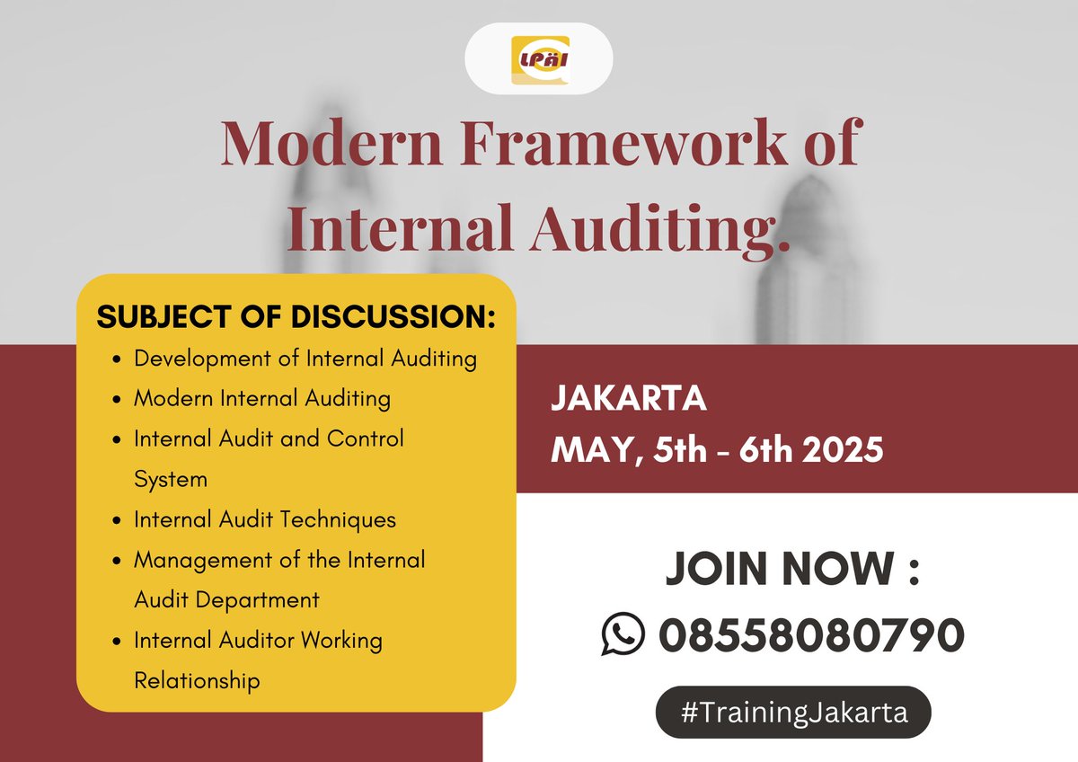 infotrainingID's tweet photo. Training untuk internal Auditor "Modern Framework of Internal Auditing"
5-6 Mei 2025 
Info &amp; Pendaftaran -> WA: 08558080790  
#TrainingJakarta #TrainingAudit #PelatihanAudit https://t.co/P9Ipd8zew8