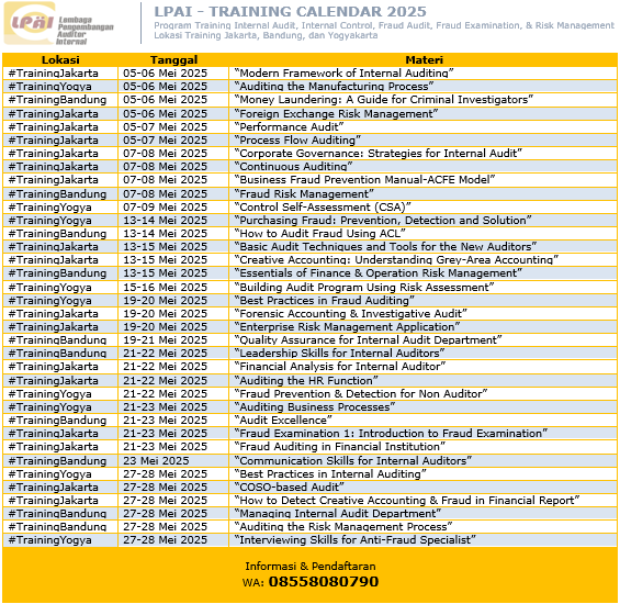 infotrainingID's tweet photo. Jadwal Training Audit Mei 2025
Info &amp; Pendaftaran->WA:08558080790
#TrainingJakarta #TrainingBandung #TrainingYogya #PelatihanAudit https://t.co/8TIHN3kh0g