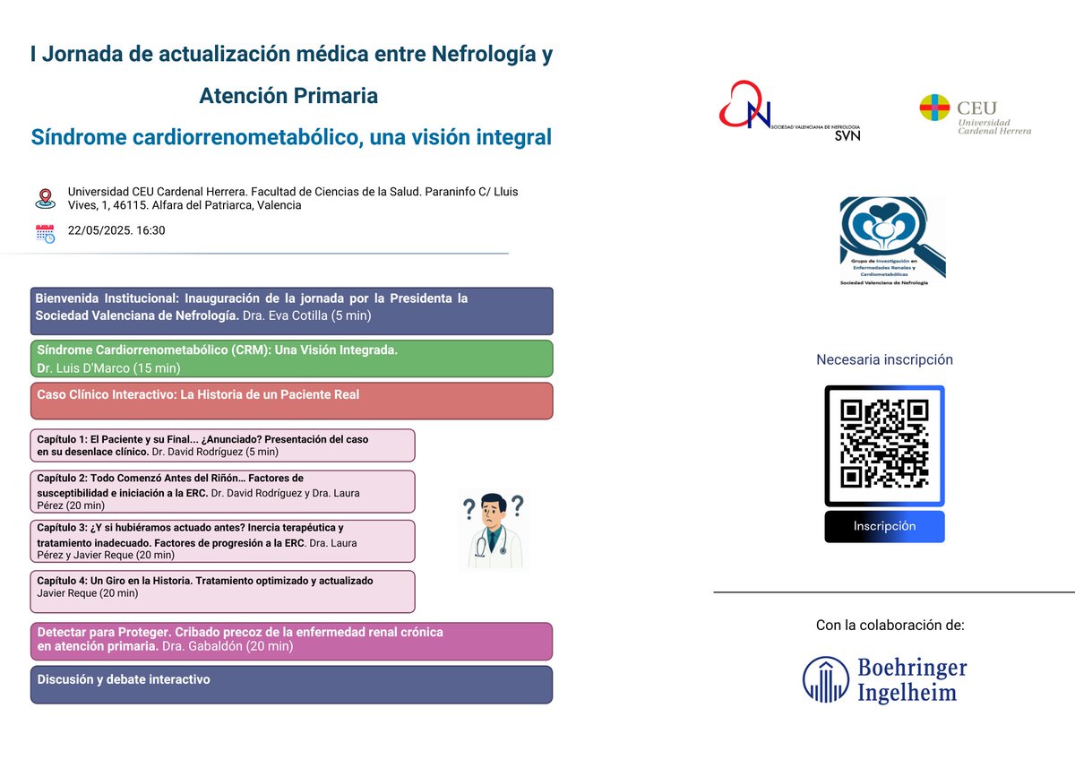 ✍️¡Reserva la fecha! 
I Jornada actualización médica entre Nefrología y Atención Primaria.Síndrome cardiorrenometabólico, una visión integral

📍CEU Cardenal Herrera. Facultad de Ciencias de la Salud. 

🗓️22/05/2025. 16:30

info 👉svnefrologia.es/eventos

<a href="/SENefrologia/">S.E.N. Nefrología</a> <a href="/senjoven/">JovSEN</a>