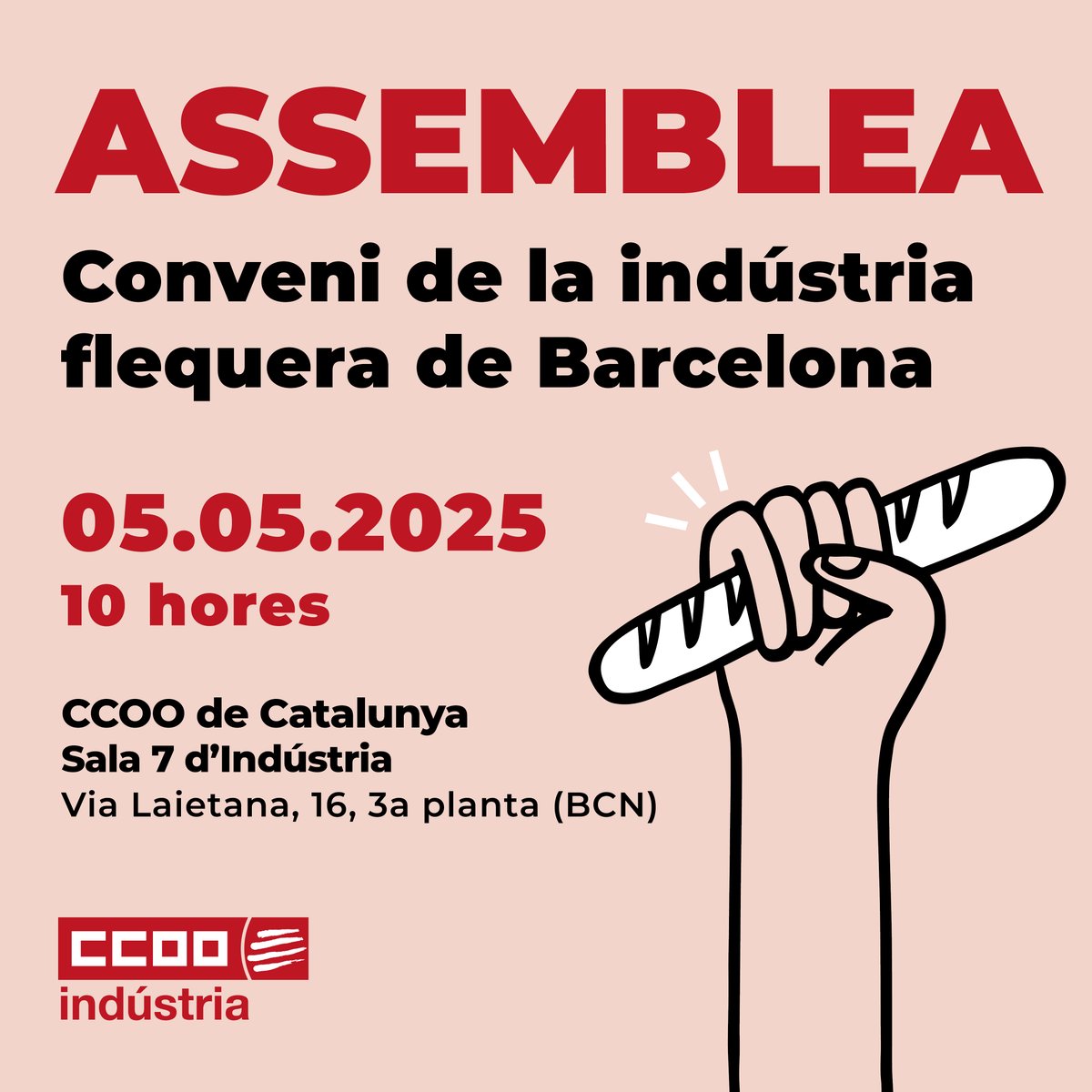 🗣️ Dilluns hem convocat una assemblea per començar a preparar la negociació del #ConveniFlequesBCN amb els delegats i delegades del sector

📆 5 de maig
⏰10 h

Participa en l'elaboració de les propostes que portarem a la mesa de negociació!
T'hi esperem!

ccoo.cat/industria/conv…