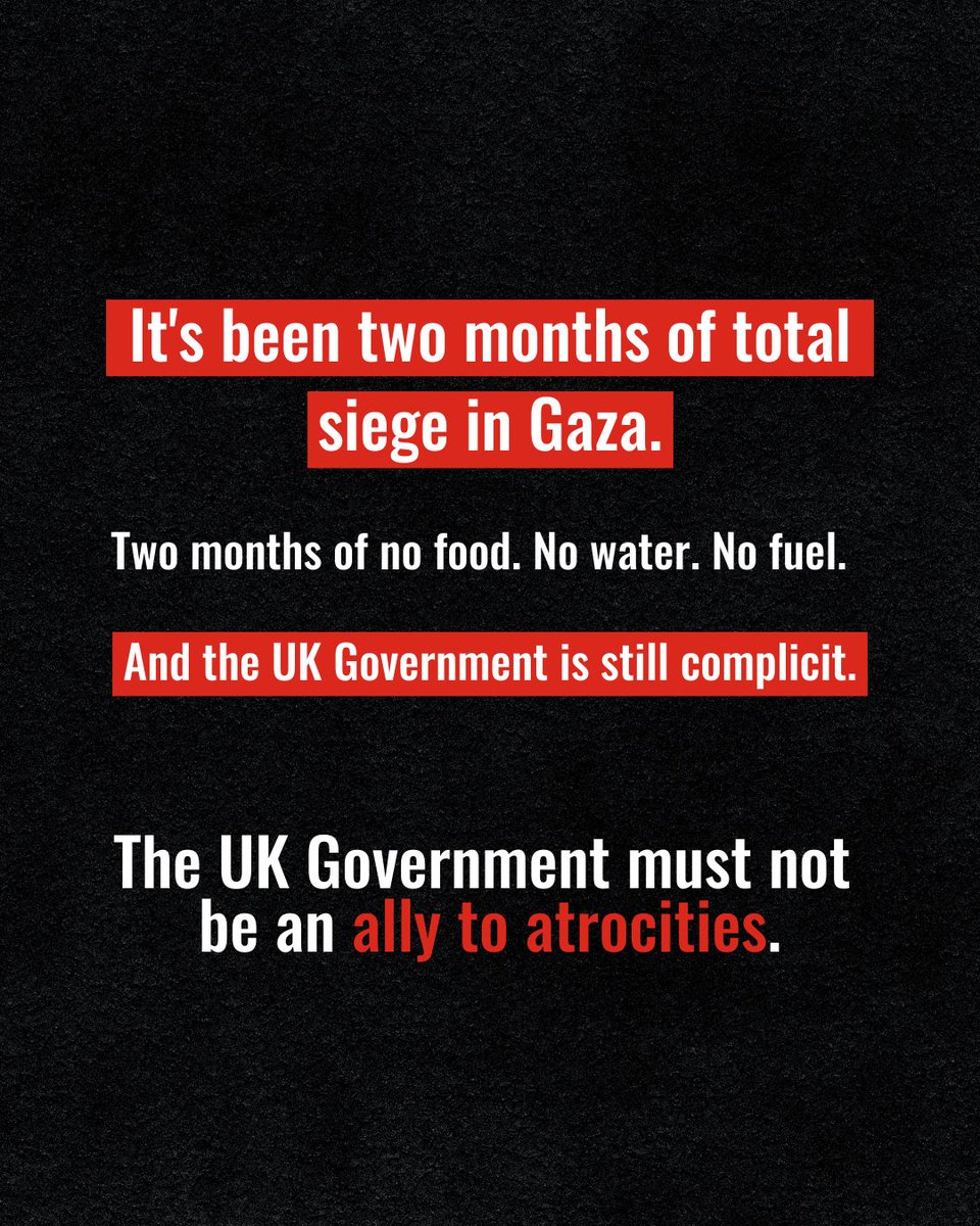 Today marks two months of total siege since it was reimposed by the Government of Israel.
 
All that has entered Gaza is bombs and bullets. Instead of much needed food, clothing or tents to help children survive, airstrikes continue. They are killing, maiming and destroying the