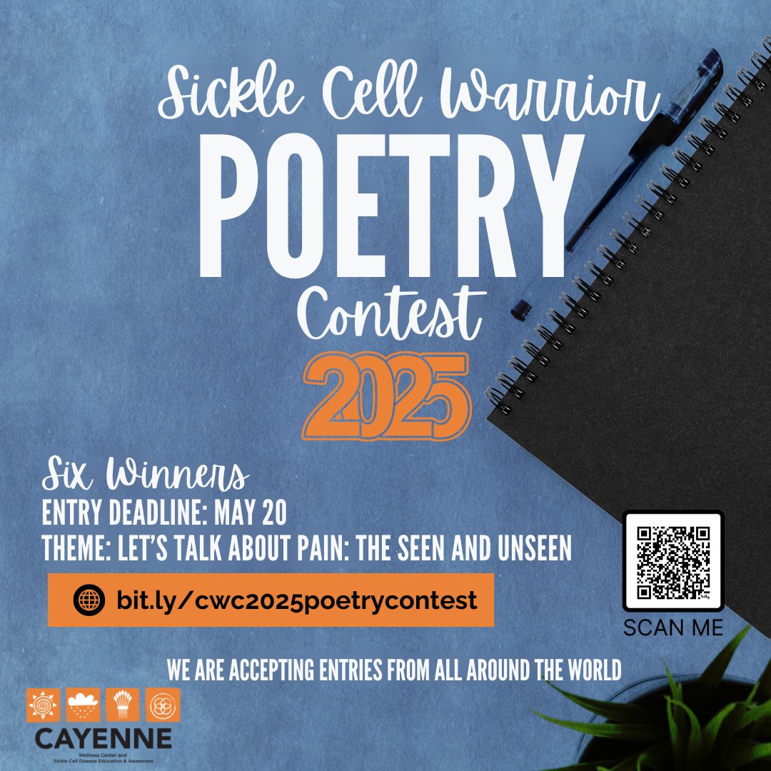 Poets, your voice matters.
Enter the 2025 Sickle Cell Warrior Poetry Contest

🗓️ Deadline: May 20
🎯 Theme: “Let’s Talk About Pain: The Seen and Unseen”
🌍 Open to all.

Enter here 👉 bit.ly/cwc2025poetryc…

#SickleCell #CWC2025 #PoetryContest #PainUnseen