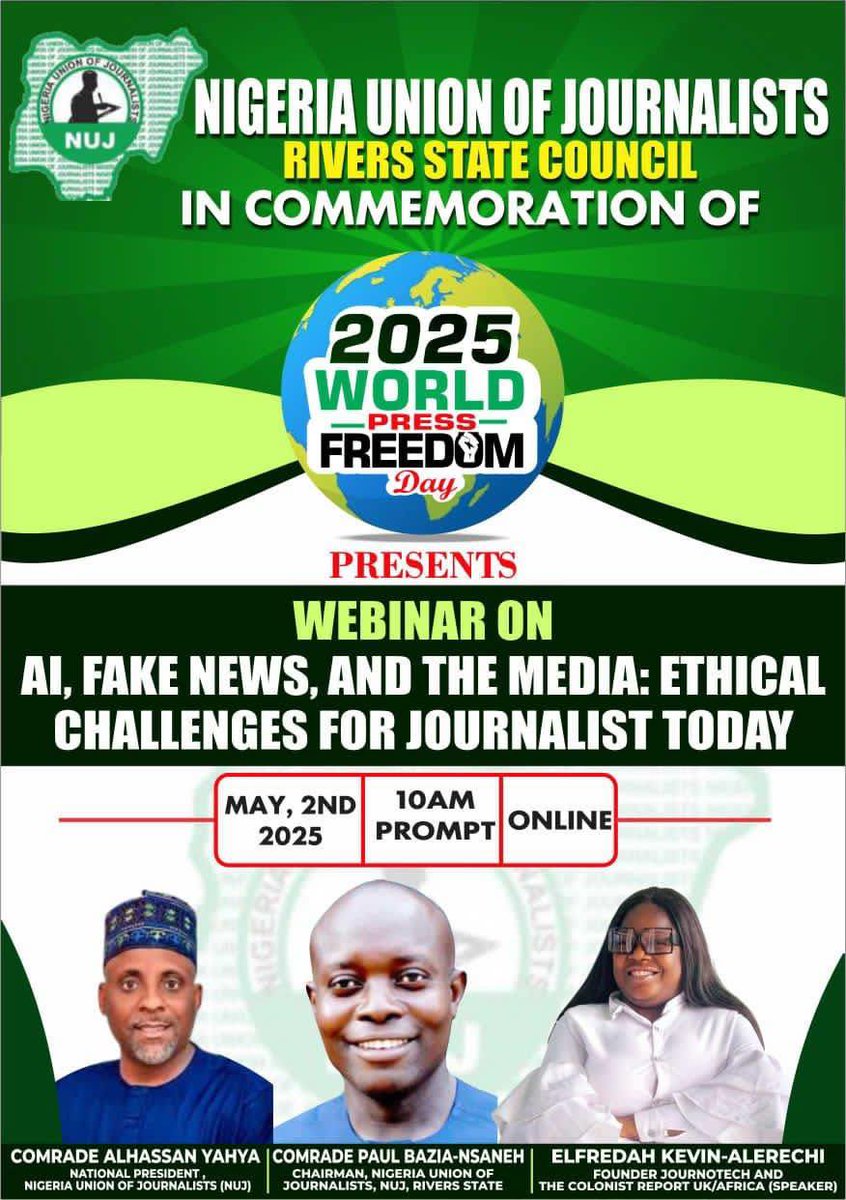 Join us for the next one hour as our founder, <a href="/ElfredahKevin/">Elfredah Kevin</a>, speaks on AI in the media, the spread of fake news, and practical AI tools journalists can leverage. 
Join here: meet.google.com/czg-czjz-mrk