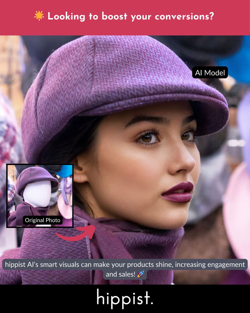 hippistAI's tweet image. 🌟 Looking to boost your conversions?

hippist AI’s smart visuals can make your products shine, increasing engagement and sales! 🚀

#BoostSales #AIForEcommerce #hippistAI