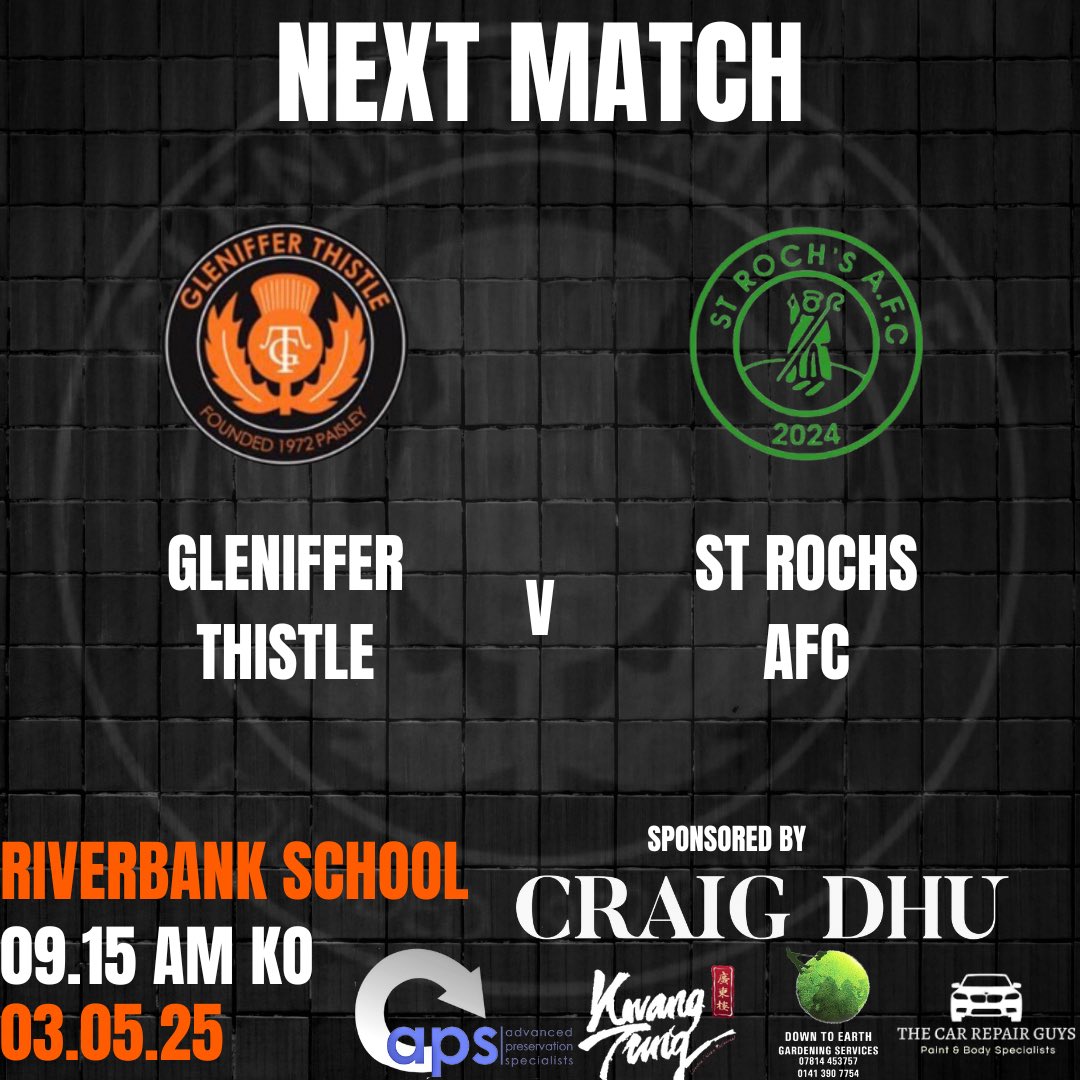 Tomorrow is our last scheduled league game as we head to Coatbridge to take on St Rochs AFC. It’s 3rd v 4th as we battle it out for the promotion playoff spot. A win will secure our playoff spot so it’s a huge game for the boys.

Get down and support the team! 🟧⬛️