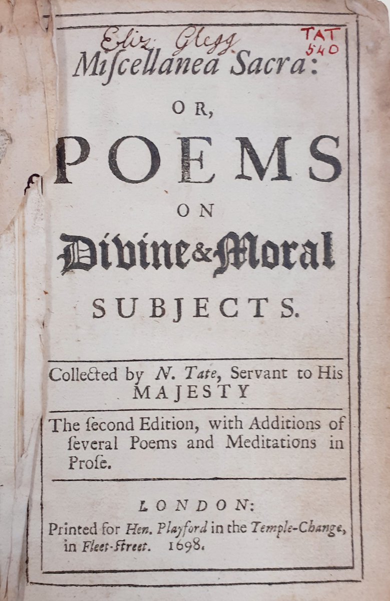 One book, TWO examples of Early Modern women’s book ownership! Elizabeth Glegg her Booke 1703; Eliz: Lee her Book 1798 Annoq: Dom: Christi: …on Tate’s Miscellanea Sacra or Poems on Divine &amp; Moral   Subjects, 1698. EL TAT 540 
#HerBook 
#LibraryTreasures for May