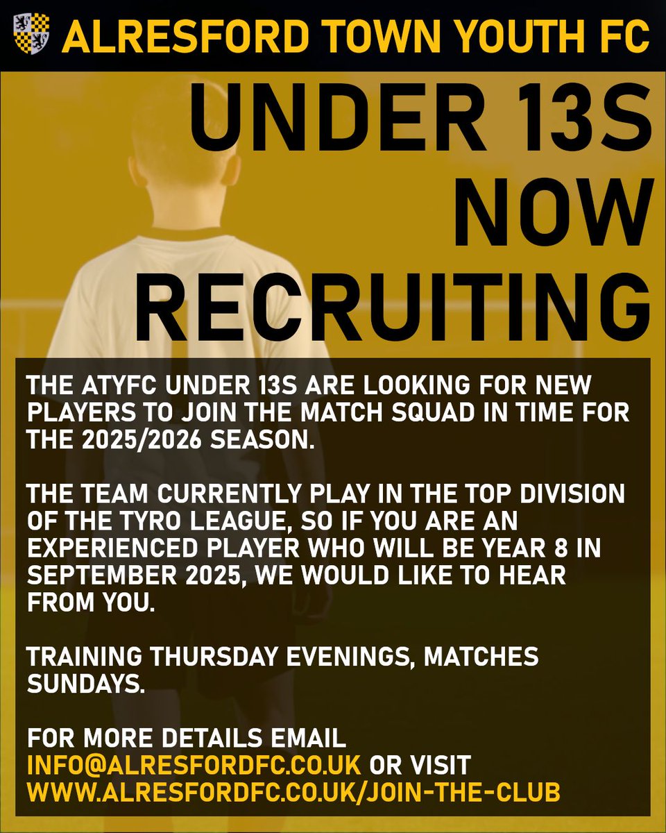 The ATYFC U13s are looking for new players for next season, who will be in Year 8 from September 2025. Please contact us for more information (details on the poster).