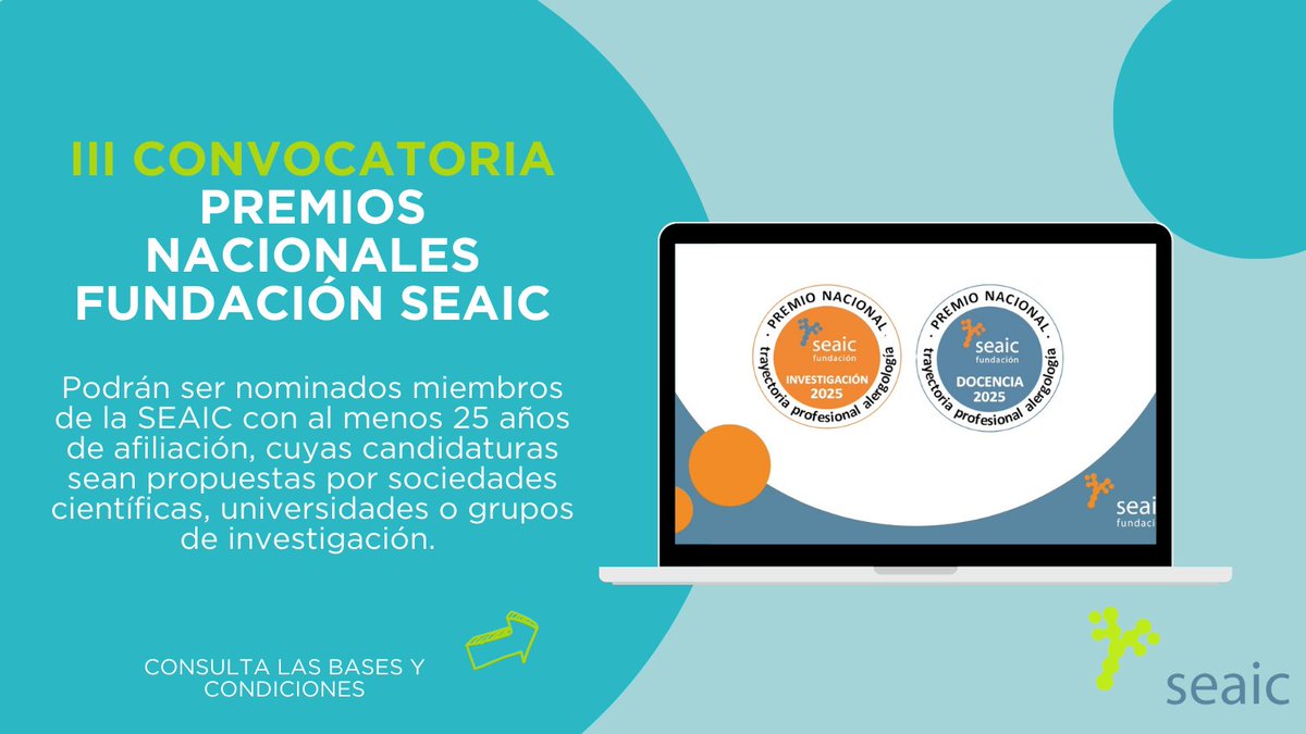 📢 ¡Atención! Mañana último día para presentar candidaturas a los Premios Nacionales Fundación SEAIC 🏆

Reconoce la excelencia en #Alergología en las modalidades de #Investigación y #Docencia.

🔹 Dotación: 10.000 €, diploma, placa e insignia.

¡No dejes pasar esta oportunidad!