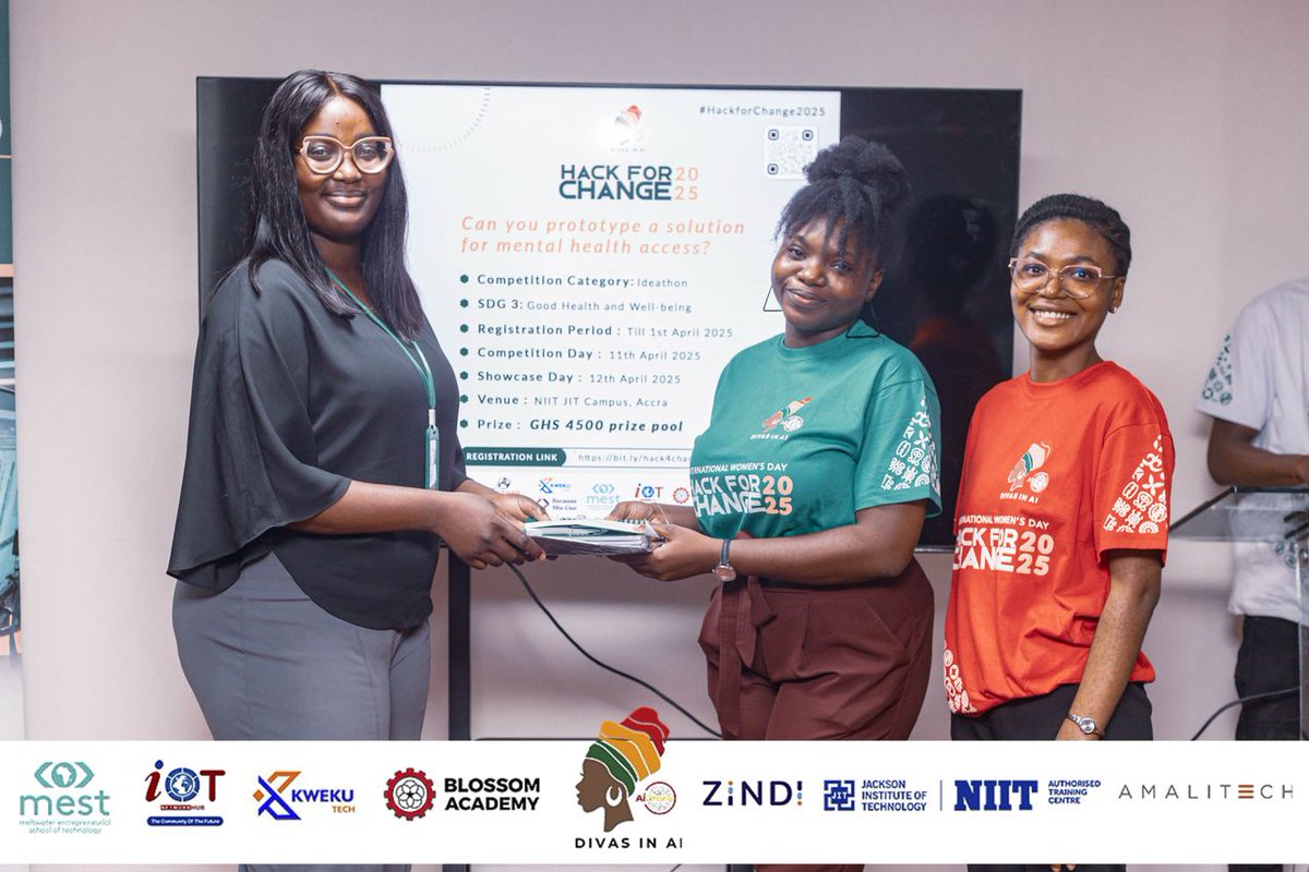 divas_aigh's tweet photo. Celebrating the incredible winners of #HackforChange2025! ๐
Huge congratulations to ThriveWell, The Care Keepers, InnovateHer, Tech_Titans, and DaNerds for their innovative solutions in mental & telehealth. https://t.co/WBd3LYvVIK