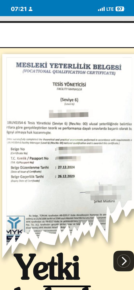 Sayın Özgül ÖZTÜRK
Merhaba ben Ozan ÖZEN,
2019 yılından bu yana Mesleki Yeterlilik Kurumu (MYK) tarafından yetkilendirilmiş sınav yapıcı ve değerlendiricisiyim. 04.08.2022 tarihinden bugüne kadar 258 katılımcının  “Tesis Yöneticisi (Seviye 6) Mesleki Yeterlilik Belgesi” sınavında