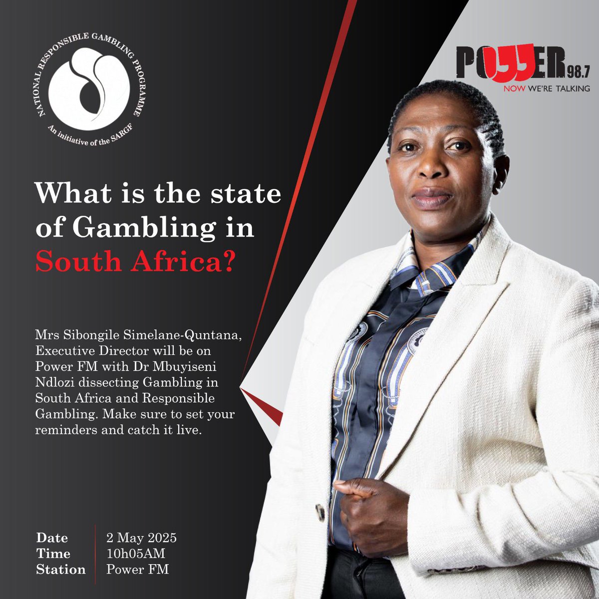 SARGFoundation's tweet photo. https://t.co/XmfR3o0650 Don’t miss out on this discussion, join Mrs Sibongile Simelane-Quntana in a conversation with @MbuyiseniNdlozi #WinnersKnowWhenToStop #AGamblingProblemHurts https://t.co/yUDsLjpTfj