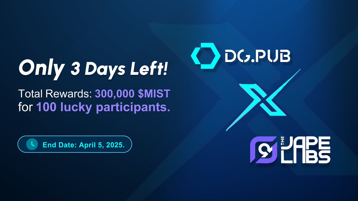 🚨 Only 3 Days Left to Participate in <a href="/DGPUBRetro/">DG Pub</a> x <a href="/thevapelabs/">TheVapeLabs (💨,🟣)</a> GIVEAWAY! 🚨

Attention everyone! This is a friendly reminder that there are only 3 days left to participate in the GIVEAWAY!

🎁 Total Rewards: 300,000 $MIST for 100 lucky participants!

🗓 End Date: April 5, 2025.