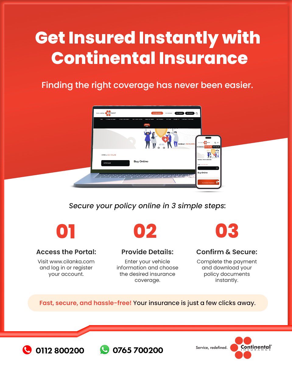 Conti_insurance's tweet image. Skip the queues and get insured instantly with Continental Insurance. Log in, fill in your details, and secure your policy online in just 3 simple steps. Fast, secure, and hassle free.
Visit us - online.cilanka.com/motor_online/
#ContinentalInsurance 
#onlineinsurance 
#FastCoverage