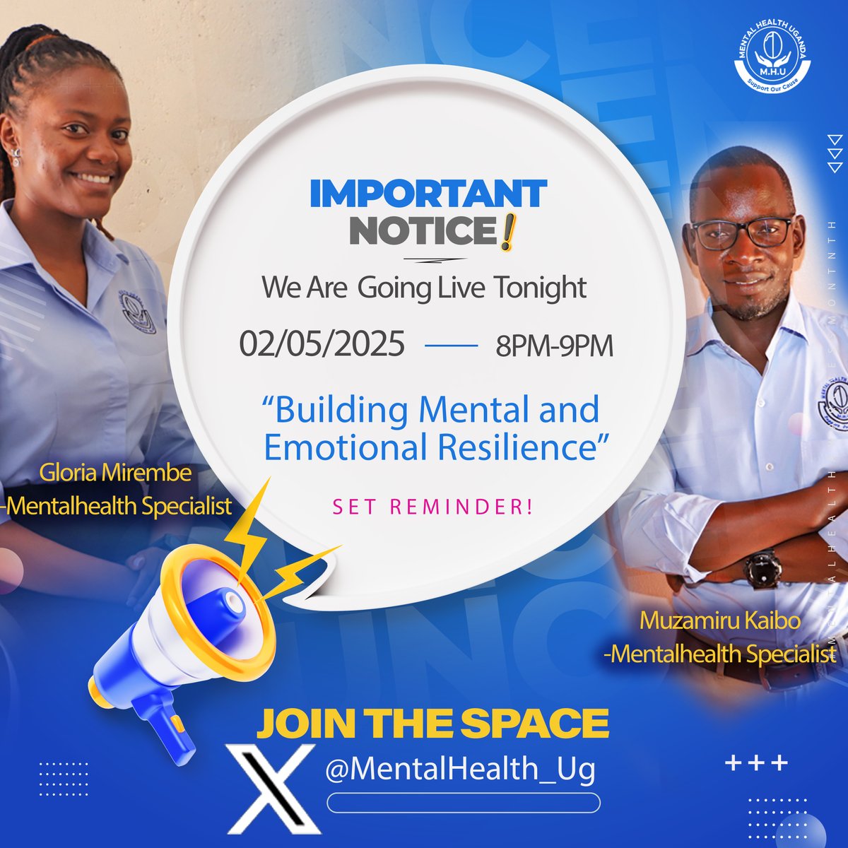 MentalHealth_Ug's tweet photo. 📌 It Is Tonight!
__________________________
🧠 Join the Conversation That Matters
We're going live on X Space tonight at 8 PM (EAT) to talk about building mental and emotional resilience in the face of life’s challenges.
🎙️ Muzamiru Kaibo & Maria Gloria Mirembe
🎤 Moderator: Mr. Nunda Jonathan
📍 X (Twitter) Space | 📲 Hosted by @MentalHealth_Ug
🔗 https://t.co/mWdEAxF0sZ
💬 "Resilient Individuals Make Resilient Communities."
Be part of the movement. Join us, share, and let’s grow together.
#ConversationsChangeLives | #MentalHealthAwarenessMonth | #XSpace