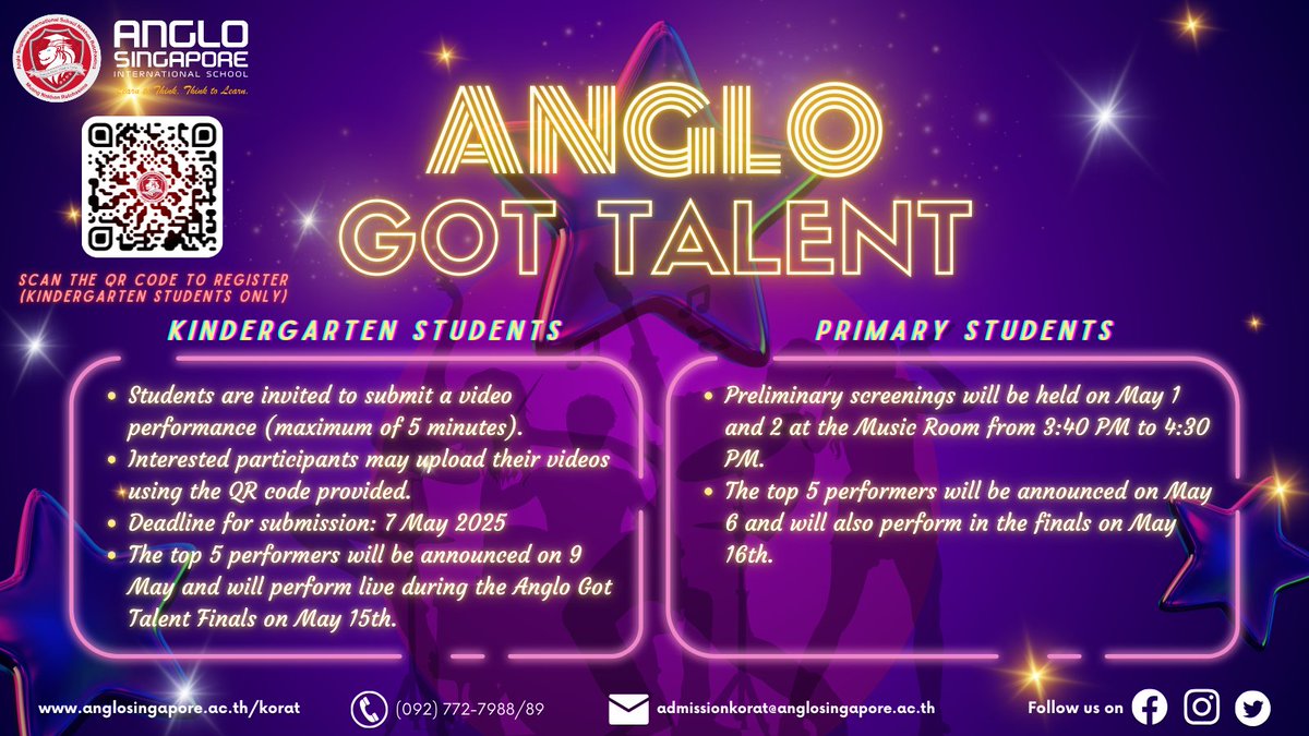 anglo_korat's tweet image. 🎤🌟 Calling All Talented Students! 🌟🎤
Get ready to shine on stage at Anglo Got Talent!
Whether you sing, dance, act, play an instrument, or have a unique talent to share – this is your moment to show the world what you’ve got
#AngloKorat #InternationalSchool #NakhonRatchasima