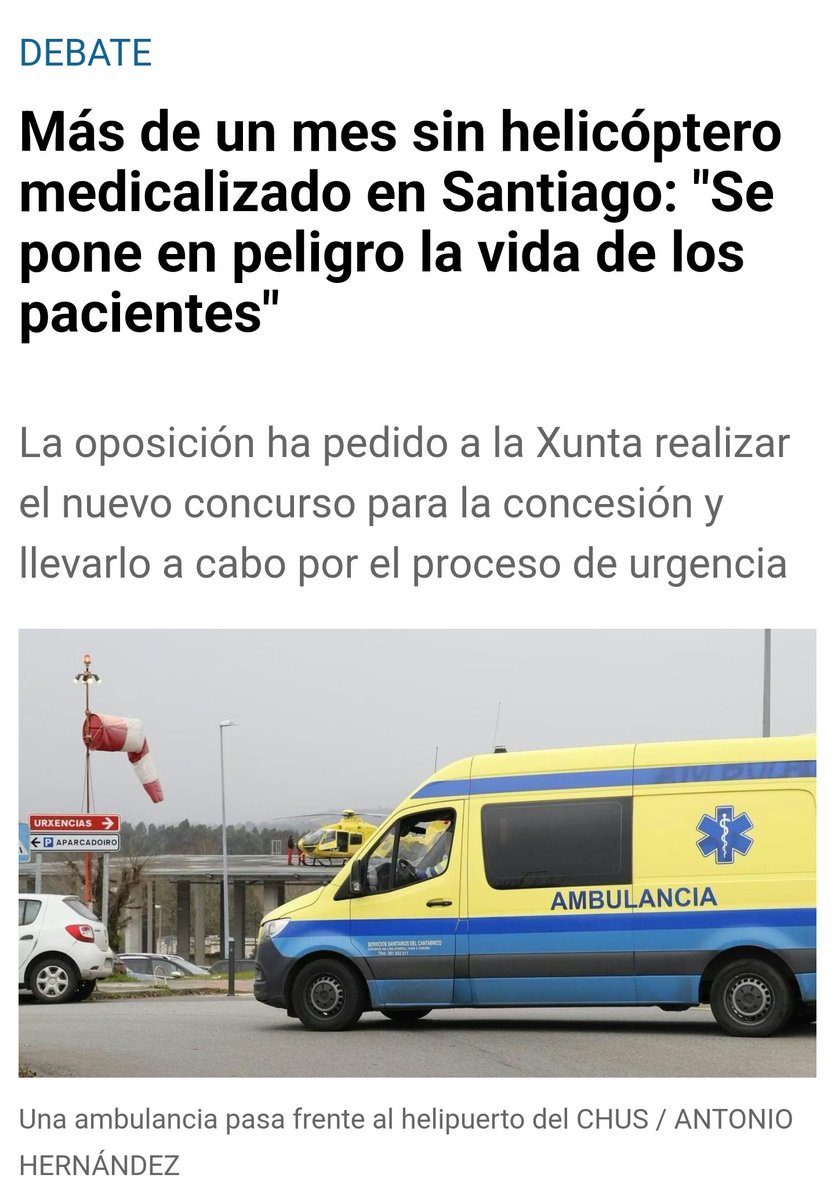 Más de un mes sin helicóptero medicalizado en Santiago: "Se pone en peligro la vida de los pacientes"

La oposición ha pedido a la Xunta realizar el nuevo concurso para la concesión y llevarlo a cabo por el proceso de urgencia

<a href="/HelicoSantiago/">Helico de Santiago</a>

elcorreogallego.es/santiago/2025/…