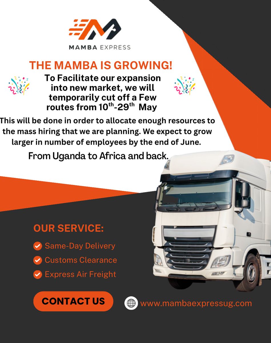 mambaexpressug's tweet photo. 🤩‼️Due to our exciting expansion across Africa, we'll be temporarily suspending routes to Nigeria, South Africa, and Kenya from May 10th to 29th. To enhance our services and come back stronger! We look forward to serving you better. ‼️‼️
#MambaExpress #AfricaExpansion #Service https://t.co/tNyLR4lY8E