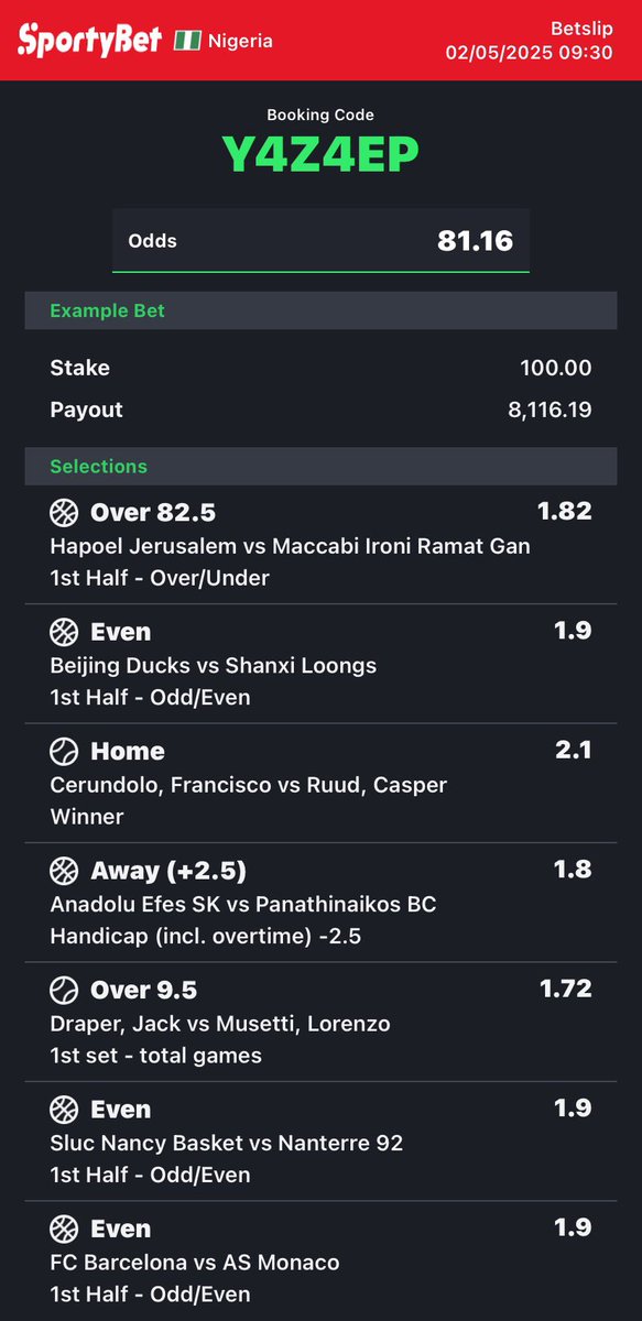 875odds on stake.com converted to sportybet⤵️

G28V4V -sporty🧑🏿‍💻 

105odds.
SMGYQV -sporty👩‍💻 

80odds.
Y4Z4EP -sporty🧑🏿‍💻 

Follow 4 convert of codes 2 ur preferred bookies! 

Retweet 4 larger audience😤🗣️
