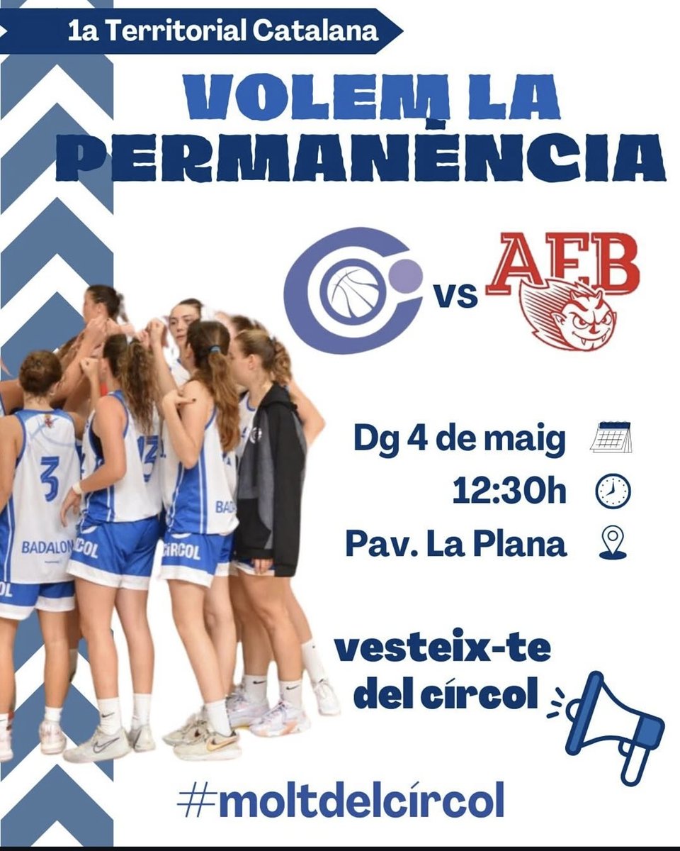 Bàsquet Círcol (@basquetcircol) on Twitter photo El SÈNIOR A FEMENÍ vol mantenir categoria
Ajuda'ns a aconseguir la permanència, vine a la Plana aquest diumenge 4 de maig a les 12:30h, per animar ben fort a les nostres jugadores
Vesteix-te del Círcol 🤍💙 El SÈNIOR A FEMENÍ vol mantenir categoria
Ajuda'ns a aconseguir la permanència, vine a la Plana aquest diumenge 4 de maig a les 12:30h, per animar ben fort a les nostres jugadores
Vesteix-te del Círcol 🤍💙