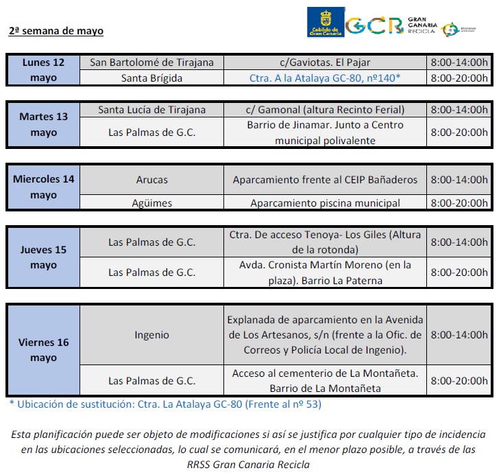 LimpiezaLPGC's tweet image. Localizaciones y horarios de los #PuntosLimpiosMóviles ♻️ del Cabildo @GC_Recicla/@Gran Canaria Recicla para esta semana (12 al 16 de MAY) 👇🏼

#PuntosLimpios #CabildoGC #GCRecicla