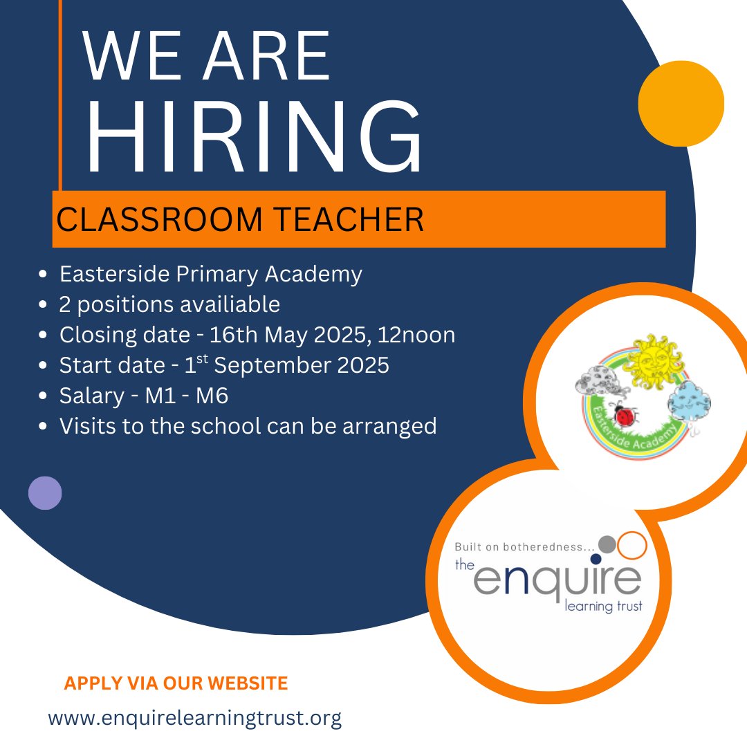 We are looking for 2 Teachers to join The Enquire Learning Trust🧡
Interested? Or know someone who might be? Please share!
🗓16/05/2025, 12noon
📍Easterside Primary Academy
enquirelearningtrust.org/job-vacancies/…