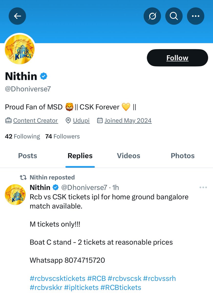 BaigShaffi's tweet photo. This account @Dhoniverse7 is scamming fans by selling fake RCB vs CSK IPL tickets via WhatsApp.
Match in Bengaluru, scammer from Udupi.
Please investigate!
@BlrCityPolice @chennaipolice_ @UdupiPolice @Cyberdost @RCBTweets @ChennaiIPL
#IPLFraud #RCBvsCSK #FakeTickets https://t.co/oWvC4VHXel