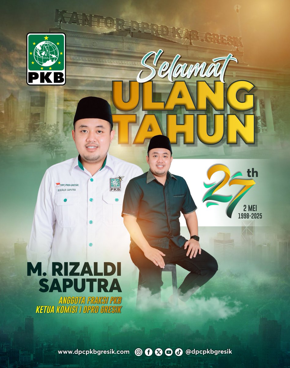dpcpkbgresik's tweet image. Serta Mulia ke 27 Tahun
Mas Rizaldi Saputra (Anggota Fraksi PKB - Ketua Komisi I DPRD Gresik)

Semoga selalu diberikan kesehatan dan kesuksesan selalu...Aamiin

#FraksiPKB #Gresik #PKBmembelaRakyat #LebahParlemen #LebahGresik #PKBGresik #PKB #1PKB #PKBsatukanIndonesia