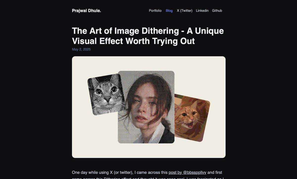 prajwaldhule36's tweet photo. Wrote my first ever blog - The Art of Image Dithering.

Link is in the comments, go check it out!

I have gone into a lot of details for anyone wanting to understand how it works and can be implemented.

Any kind of feedback / suggestions are appreciated, ty! https://t.co/1PNB72ZPoF