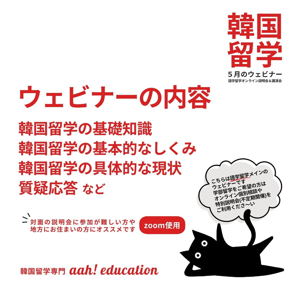 aah_tokyo's tweet image. 【5月 韓国留学ウェビナー予約受付中】
語学留学の基礎知識や学校選びについてご紹介いたします
留学の全体的なことをまずは知りたいという方はぜひこちらからご参加ください!
*夏の短期留学は別途特別版を開催いたします🍉
▶︎詳細•ご予約はこちら
aah-e.net/online-webinar