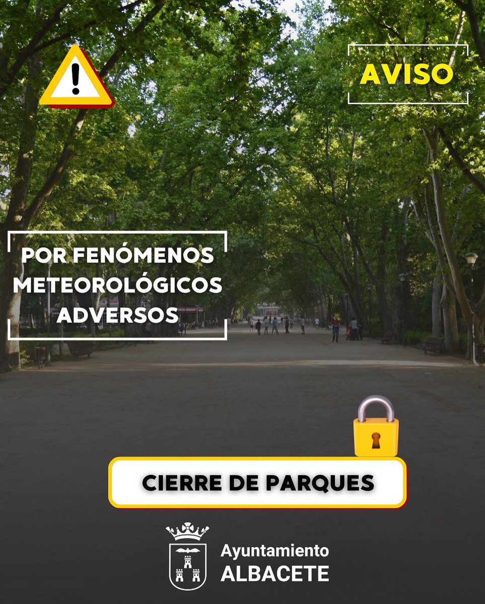 ⚠️Habiendo notificado la AEMET la declaración de situación naranja por tormentas a partir de las 12 horas hasta las 23:59 se va a proceder al cierre de los parques hasta que finalice el aviso y hayan sido comprobado su estado