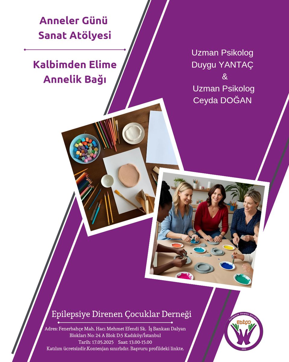“Kalbimden Elime : Annelik Bağı ”
Anneler Günü Sanat Atölyesi Çalışmamıza tüm özel gereksinimli çocuğu olan annelerimizi bekleriz. Başvurunuzu linkten yapabilirsiniz. Kontenjan sınırlıdır. 

Tarih:17 Mayıs Cumartesi 
Saat:13:00- 15:00
docs.google.com/forms/d/e/1FAI…