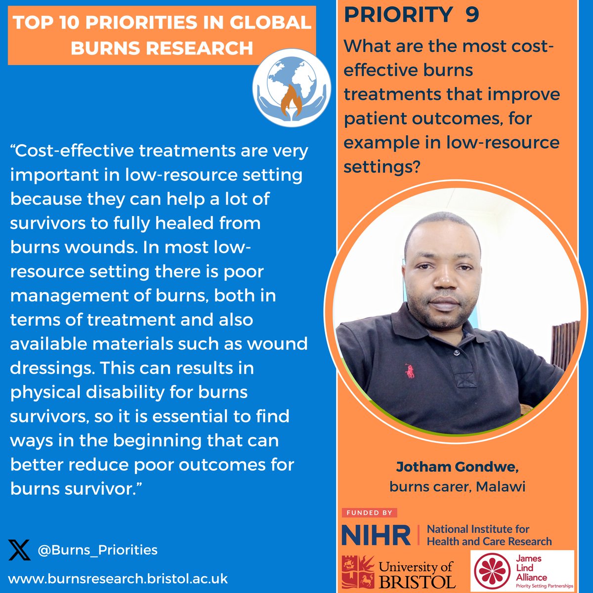 Priorities in Global Burns Research (@burnspriorities) on Twitter photo Visit our website to see the Top 10 research priorities in global #burns research. Hear what was most important to survivors and clinicians from over 88 countries. Full results paper now available
<a href="/LancetGH/">The Lancet Global Health</a>
<a href="/LindAlliance/">James Lind Alliance</a>
burnsresearch.bristol.ac.uk tinyurl.com/yc8huyhp Visit our website to see the Top 10 research priorities in global #burns research. Hear what was most important to survivors and clinicians from over 88 countries. Full results paper now available
<a href="/LancetGH/">The Lancet Global Health</a>
<a href="/LindAlliance/">James Lind Alliance</a>
burnsresearch.bristol.ac.uk tinyurl.com/yc8huyhp