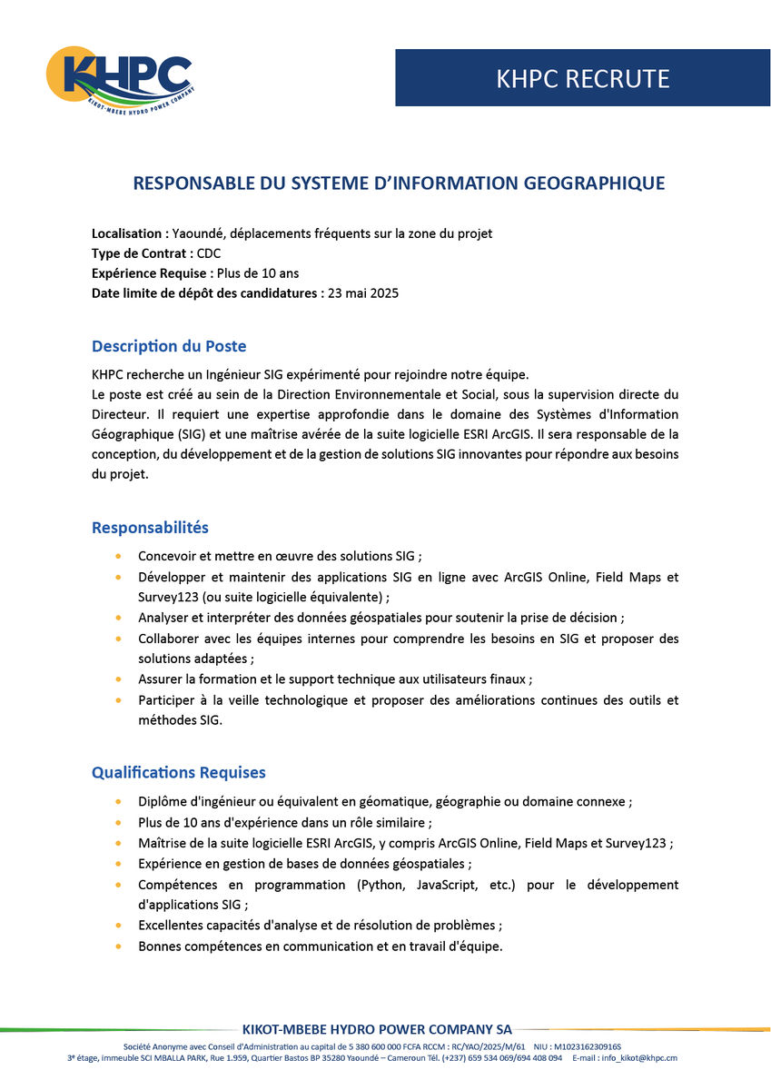 KHPC_officiel's tweet photo. 📢KHPC RECRUTE
Responsable du Système d'Information Géographique (SIG)
Il sera responsable de la conception, du développement et de la gestion de solutions SIG innovantes pour répondre aux besoins du projet.
POSTULEZ ICI 👇
https://t.co/sgMzHTxjJl
#KHPC #Hydro #JobAlert https://t.co/CM4zZ1nAUf