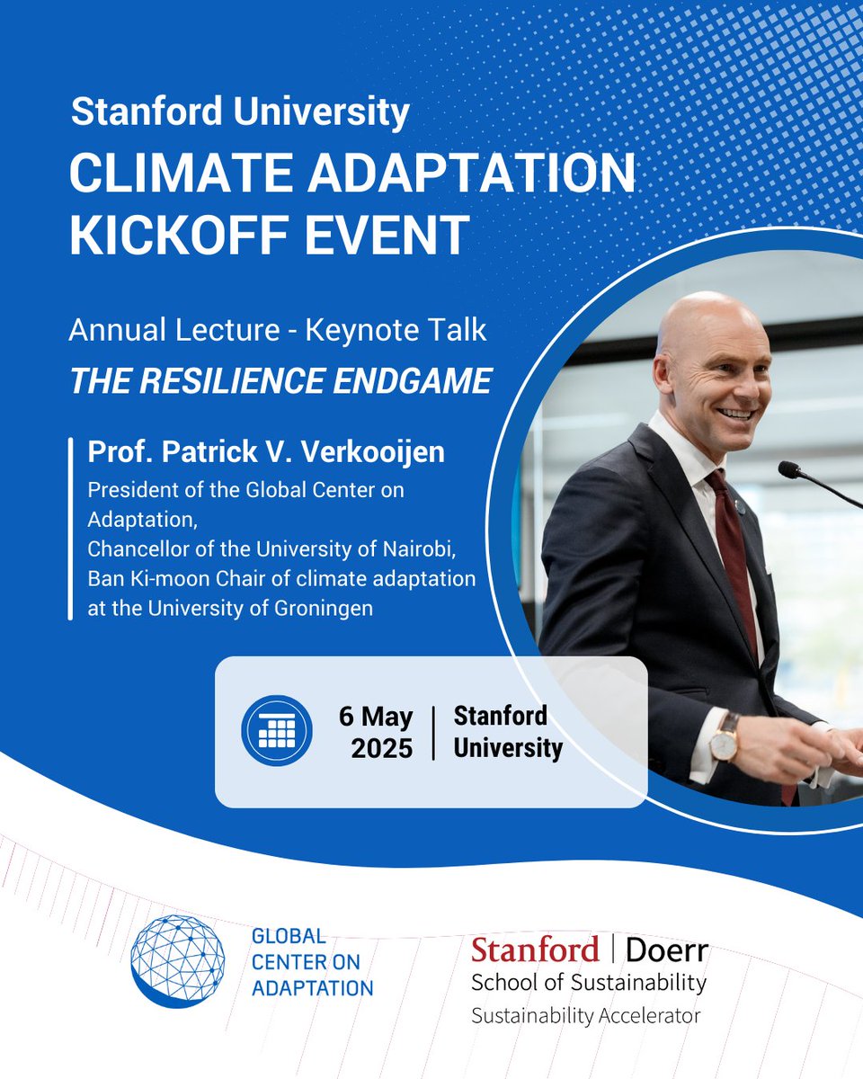 Prof. Patrick V. Verkooijen (@prof_patrickv) on Twitter photo Honored to deliver my Annual Lecture as <a href="/GCAdaptation/">Global Center on Adaptation</a> President at <a href="/stanforddoerr/">Stanford Doerr School of Sustainability</a>’s Climate Adaptation Kickoff Event next week. My message:
1️⃣ We are in a planetary endgame.
2️⃣ A new world order is emerging.
3️⃣ Adaptation is the winning hand.
More to come. #AdaptOurWorld Honored to deliver my Annual Lecture as <a href="/GCAdaptation/">Global Center on Adaptation</a> President at <a href="/stanforddoerr/">Stanford Doerr School of Sustainability</a>’s Climate Adaptation Kickoff Event next week. My message:
1️⃣ We are in a planetary endgame.
2️⃣ A new world order is emerging.
3️⃣ Adaptation is the winning hand.
More to come. #AdaptOurWorld