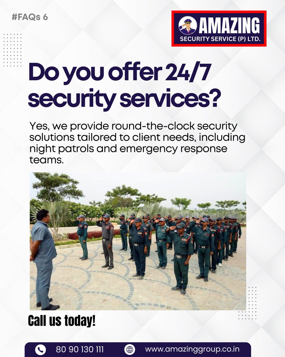amazingsecure90's tweet image. #FAQs6
Do you offer 24/7 security services?
- Yes, we provide round-the-clock security solutions tailored to client needs, including night patrols and emergency response teams.
Call : 8090130111
Visit : amazingsecurity.co.in
#AmazingSecurity #securityguard #securityofficer