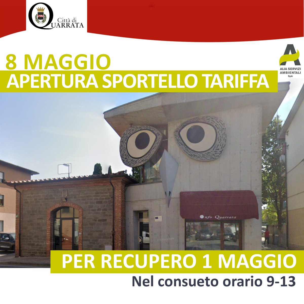 ♻ SPORTELLO TARIFFA. APERTURA DI RECUPERO
L'apertura dello Sportello Tariffa di Alia Servizi Ambientali nel primo giovedì del mese, omessa per la festività del 1/5, sarà recuperata giovedì 8/5 dalle ore 9 alle ore 13.

👉 bit.ly/3EBvHgB